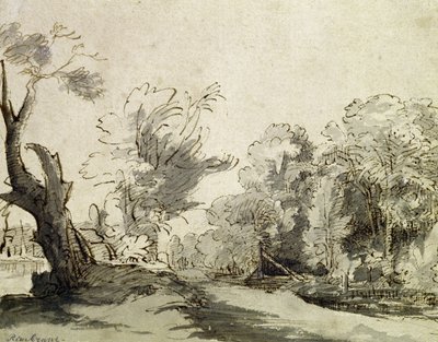 Paisaje con un camino, un árbol casi muerto a la izquierda y un puente peatonal que conduce a una granja a la derecha (pluma, tinta y lavado sobre papel) de Rembrandt van Rijn